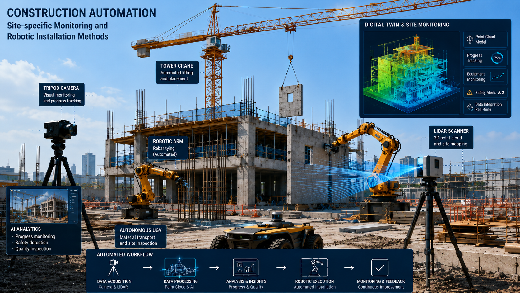 Construction automation, site-specific monitoring, and robotic installation